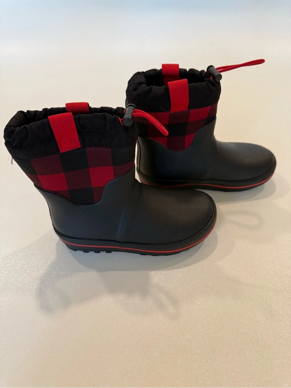 Cat & Jack Kids Size 12 Black Red Buffalo Plaid Winter Rain Boots Waterproof